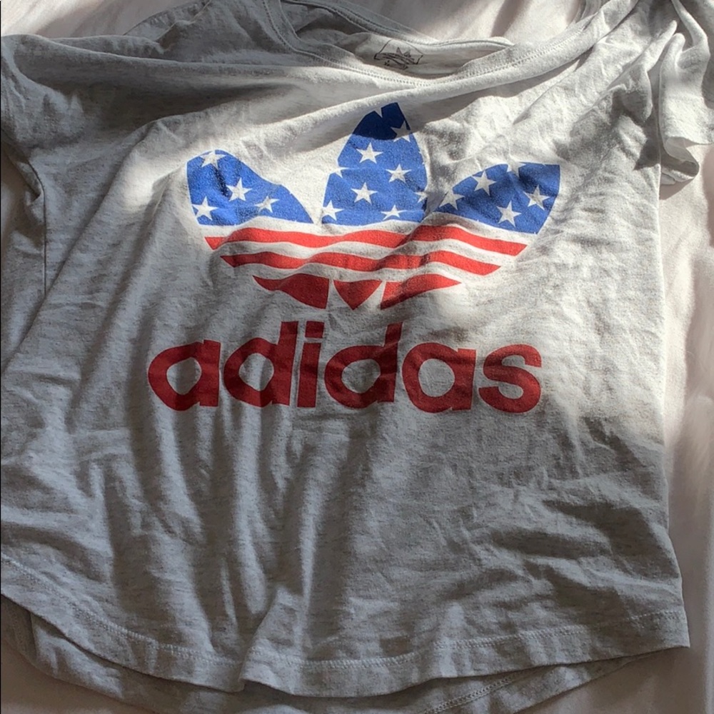 light grey adidas tee red white and blue